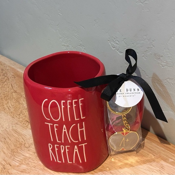 NWTS Rae Dunn Red “COFFEE TEACH REPEAT” Ceramic Mug. Includes Teacher Keychain. - Picture 6 of 7